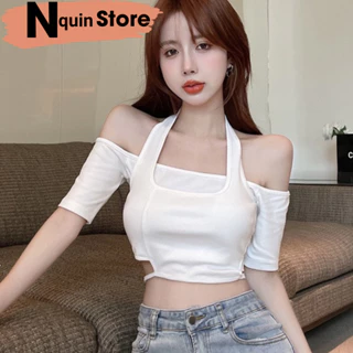 Áo croptop nữ trễ vai tay ngắn cổ giả yếm phối thắt dây eo 2 bên ôm body cực tôn dáng Nquin