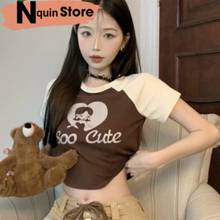 Áo croptop nữ ngắn tay cổ tròn phối màu đối nghich in hình sô cute cực xinh Nquin