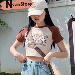 Áo croptop nữ ngắn tay cổ tròn tay phối màu in hình ngôi sao trước ngực cực xinh Nquin