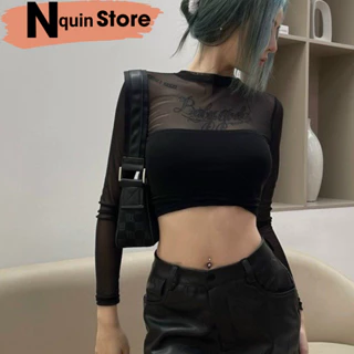 Áo croptop nữ tay dài phối lưới viền cổ cực sexy, Áo kiểu nữ ôm body cực tôn dáng Nquin