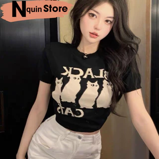 Áo croptop nữ ngắn tay cổ tròn ôm body in hình 4 chú mèo màu nổi bật cực xinh Nquin