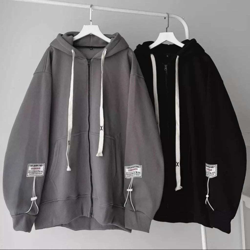 Áo khoác nỉ hoodie áo khoác nỉ trơn nam nữ tay phồng form rộng zip basic unisex phong cách ulzzang đi phố tag gắn dây