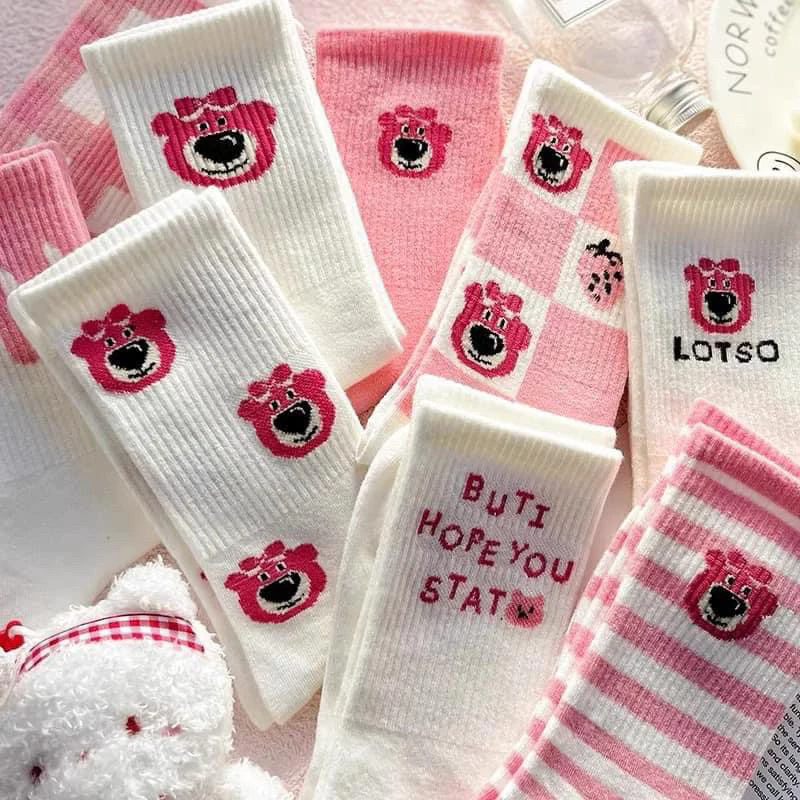 10 Đôi Tất Cổ Cao hoạt hình LOTSO BEAR màu hồng hoạ tiết dễ thương cho nữ, Vớ Hình Gấu Dâu Siêu Hot Dành Cho Bạn Gái