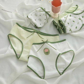 -Quần Lót Nữ Cotton Cạp Ngắn Hoạ Tiết Cute Tông Xanh La Nhạt mã 299