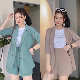 Set Bộ Đồ Vest Nữ | Áo Thun & Áo Khoác Ngoài Phối Quần Short | Nâu & Xanh Thanh Lịch Sang Trọng ST7121