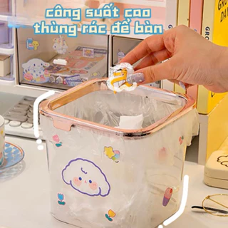 Thùng Rác Mini Để Bàn Nhựa Trong Suốt Có Nắp Đậy Siêu Bền Tiện Dụng Tặng Kèm Sticker Cute