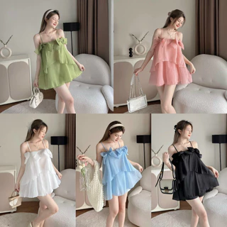 Set đồ bộ nữ áo bèo nơ ngực hai dây mix quần short rộng duyên dáng cá tính, phù hợp đi chơi đi biển [980]