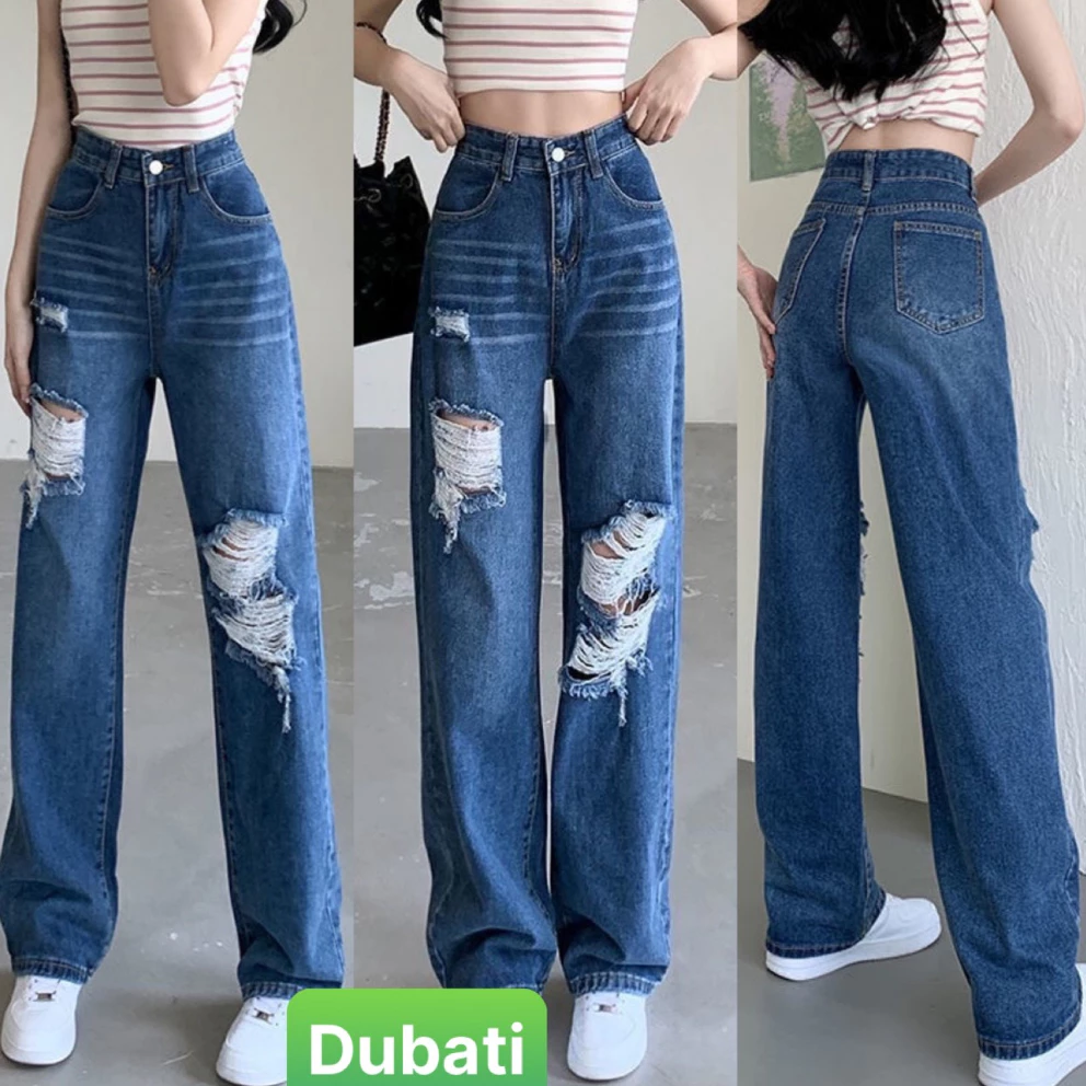 Quần jean ống suông rộng màu xanh đen rách cơ bản cạp lưng cao nâng mông sành điệu - Dubati Fashion