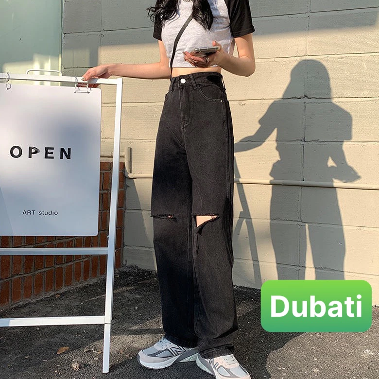 Quần jean ống suông rộng màu xanh đen rách cơ bản cạp lưng cao phong cách cao cấp mới - Dubati Fashion