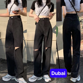 Quần jean ống suông rộng màu xanh đen rách cơ bản cạp lưng cao nâng mồng xịn sò - Dubai Fashion