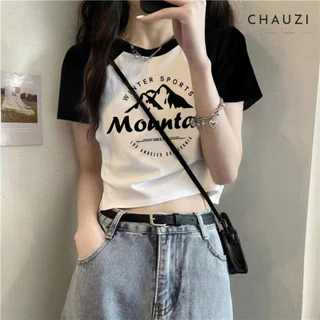 Áo croptop ôm body nữ CHAUZI cổ tròn tay ngắn áo thun croptop kiểu sexy in họa tiết AN05