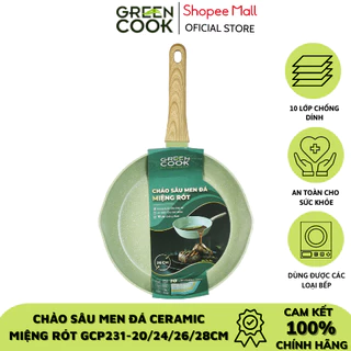 Chảo nhôm sâu men đá ceramic miệng rót Green Cook GCP231 màu xanh 10 lớp chống dính sử dụng được trên tất cả các loại bế