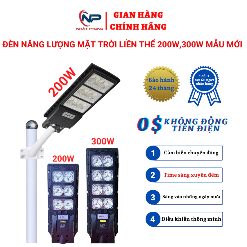 Đèn Năng Lượng Mặt Trời Sân Vườn Liền Thể Đơn 200W,300W mẫu mới Cảm Biến Chuyển Động,Điều Khiển Từ Xa BH 2 năm