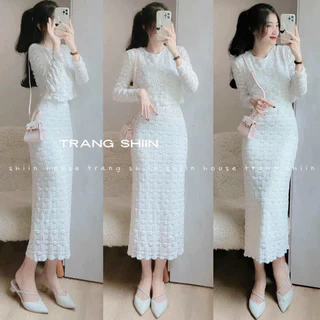 Sét đồ nữ áo tay dài mix chân váy midi chất len ren cùng tông màu trắng cực xinh