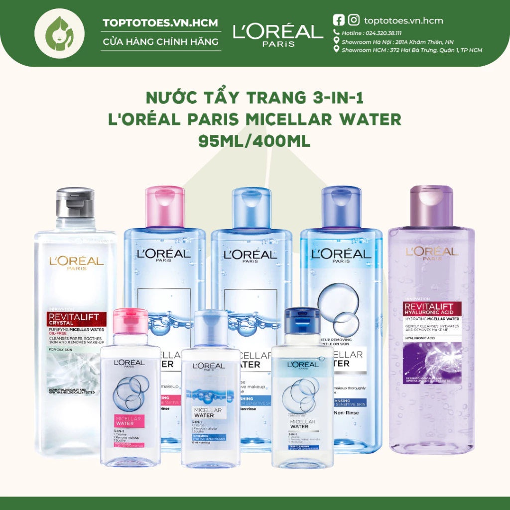 Nước tẩy trang làm sạch sâu cho da 3-in-1 L'Oreal Paris Micellar Water 95ml/400ml [NHẬP KHẨU CHÍNH HÃNG 100%]