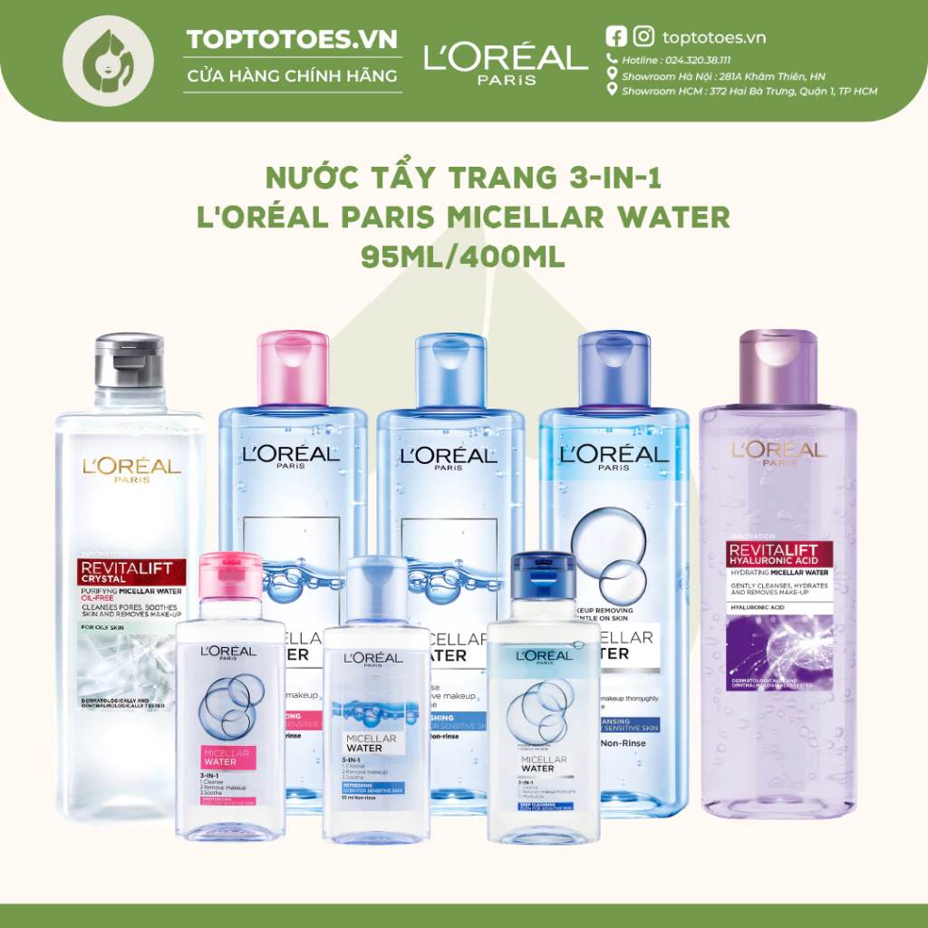 Nước tẩy trang làm sạch sâu cho da 3-in-1 L'Oreal Paris Micellar Water 95ml/400ml [NHẬP KHẨU CHÍNH HÃNG 100%]