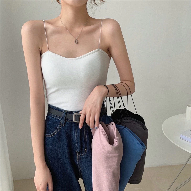 Áo 2 dây sợi bún có mút ngực dáng ôm co dãn croptop đi biển. Áo bra hai dây sợi bún ngắn đệm ngực chất cotton nhiều màu