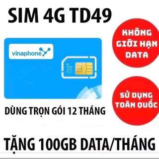 Sim VInaphone 4G TD49 12 Tháng Miễn Phí Trọn Gói 1 Năm CÓ 1200GB TỐC ĐỘ CAO SỬ DỤNG - THẢ GA VÀO MẠNG GIÁ CỰC RẺ