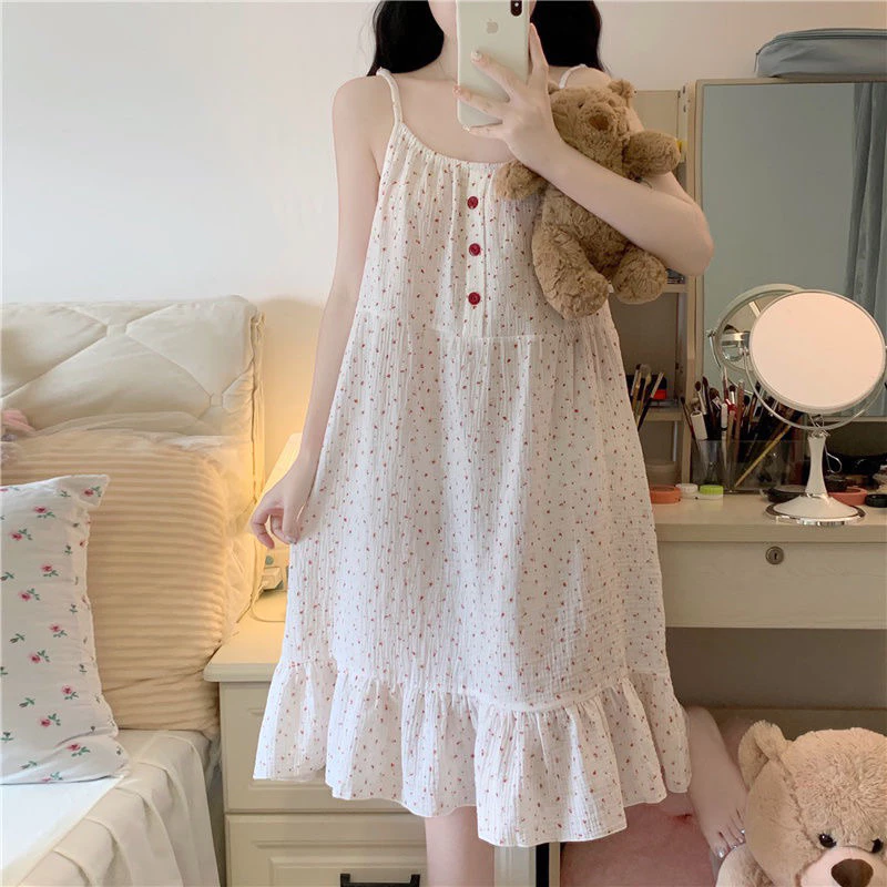 Baby cotton sense sling nightdress mỏng của phụ nữ lỏng lẻo ngọt mùa hè váy quần áo mặc nhà quần áo mặc nhà
