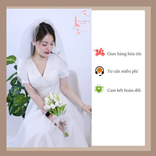 SKY Bridal Váy cưới đi bàn cho cô dâu thích kín đáo với tay ngắn phồng, cổ chữ V