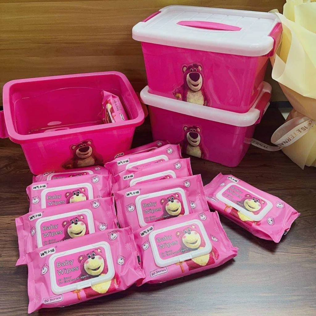 [Giá Sỉ] Thùng Nhựa 10 gói mỗi gói  300gr ,80gr Khăn Giấy Ướt Gấu Dâu Hồng , Siêu Xinh Được kiểm tra hàng