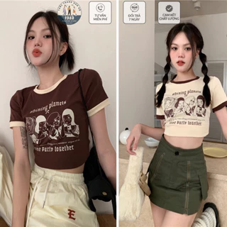 (Ảnh Thật) Áo Croptop Shining Planets 4 Cô Gái, Áo Thun Croptop Ôm Tay Ngắn Chất Cotton Mịn