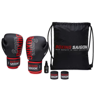 Combo Găng Tay Boxing Saigon 1.0 + Băng Quấn Tay 4m5 (tặng túi rút & xịt) - Black/Red