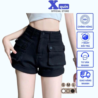 Quần sọt kaki nữ lưng cao phối túi hộp lật lai Xquin, Quần short đùi kaki có túi 2 bên phong cách Hàn Quốc