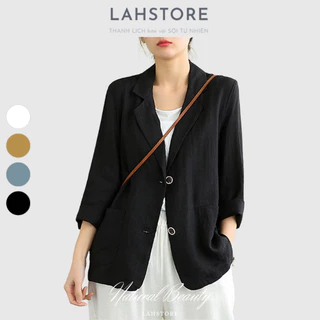 Áo blazer linen 1 lớp LAHSTORE dáng lửng, cổ ve vuông (Đen)