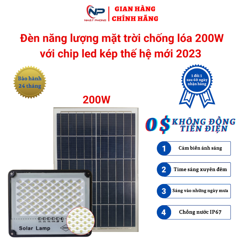 Đèn năng lượng mặt trời, đèn chống lóa cao cấp 200W với chip led kép thế hệ mới, có điều khiển, camer biến ánh sáng