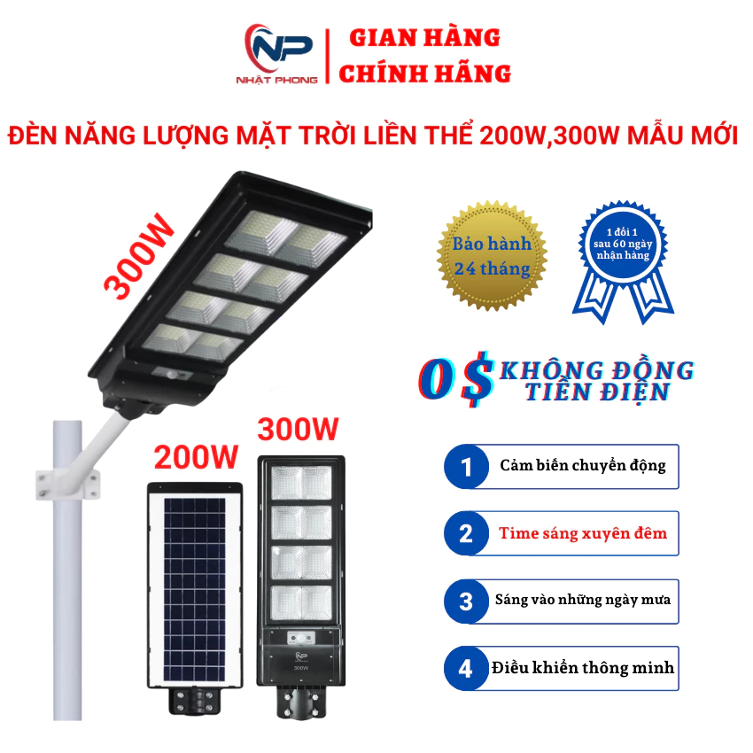 Đèn Năng Lượng Mặt Trời, Đèn Liền Thể Đơn 300W,Có Cảm Biến Chuyển Động,Có Điều Khiển,Chống Nước Mưa,BH 2 năm