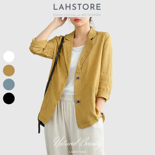 Áo blazer nữ LAHSTORE vải linen, 1 lớp, dáng lửng cổ ve vuông (Vàng)