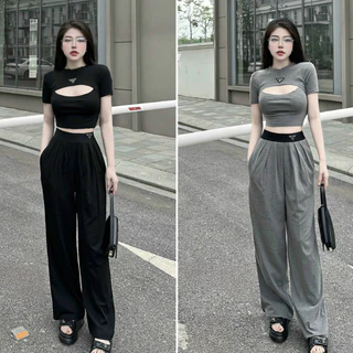 Set đồ bộ nữ áo kiều croptop khoét ngực mix quần dài ống rộng trẻ trung, năng động dành cho các nàng đi chơi siêu xinh.