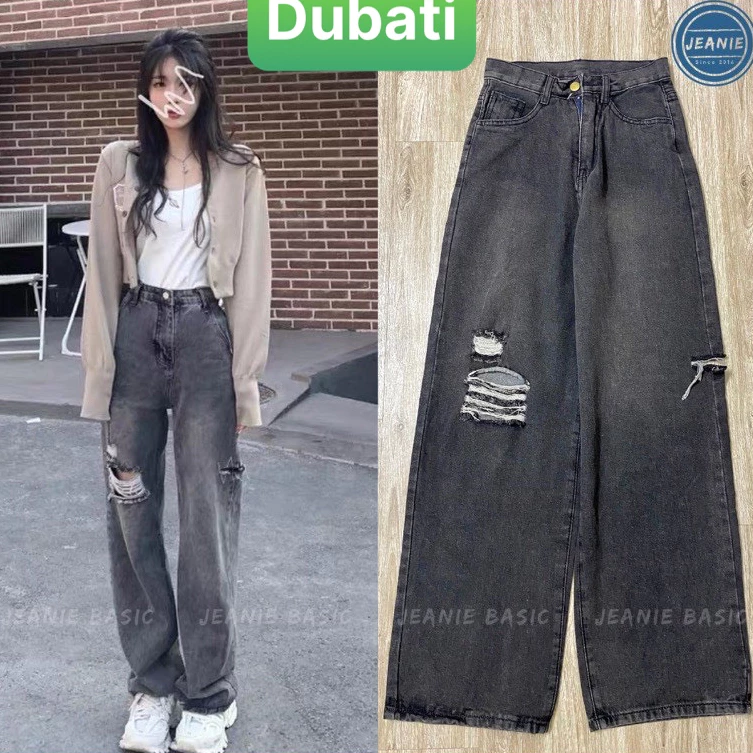 Quần jean ống suông rộng màu xanh đen rách cơ bản cạp lưng cao tôn dáng sang chảnh - Dubati Fashion