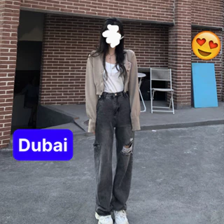Quần jean ống suông rộng màu xanh đen rách cơ bản cạp lưng cao phong cách hot trend - Dubai Fashion