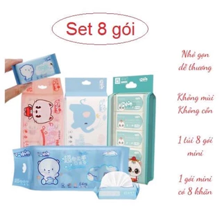 Set 8 Gói/ 64 tờ Khăn giấy ướt mini bỏ túi tiện lợi, khăn ướt tiện dụng