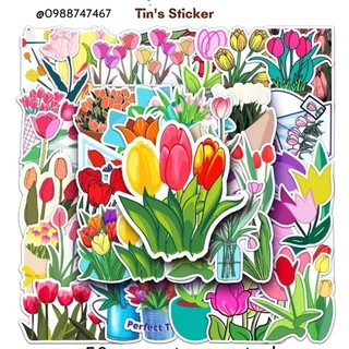 Bộ 50 miếng dán sticker hoa tulips dán nón mũ bảo hiểm laptop vali sổ tay đàn guitar điện thoại tủ lạnh xe máy