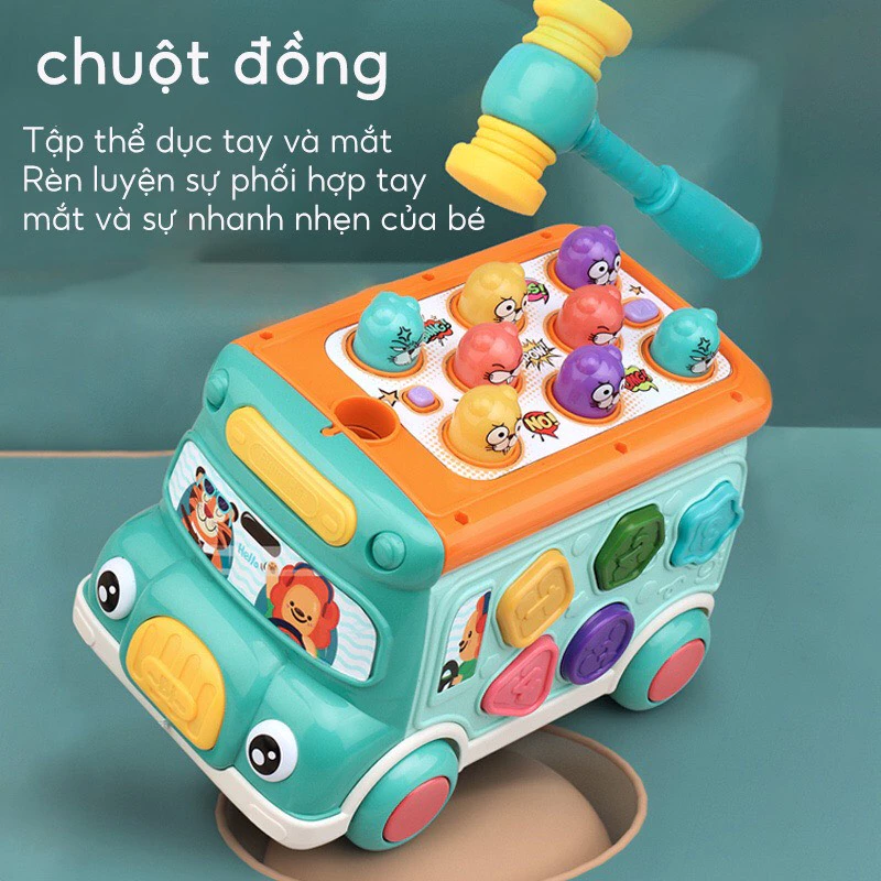 Đồ Chơi Montessori Xe Ô Tô Buýt Đa Chức Năng Gồm Phát Nhạc, Phản Xạ Đập Chuột, Đồng Hồ, Hình Khối