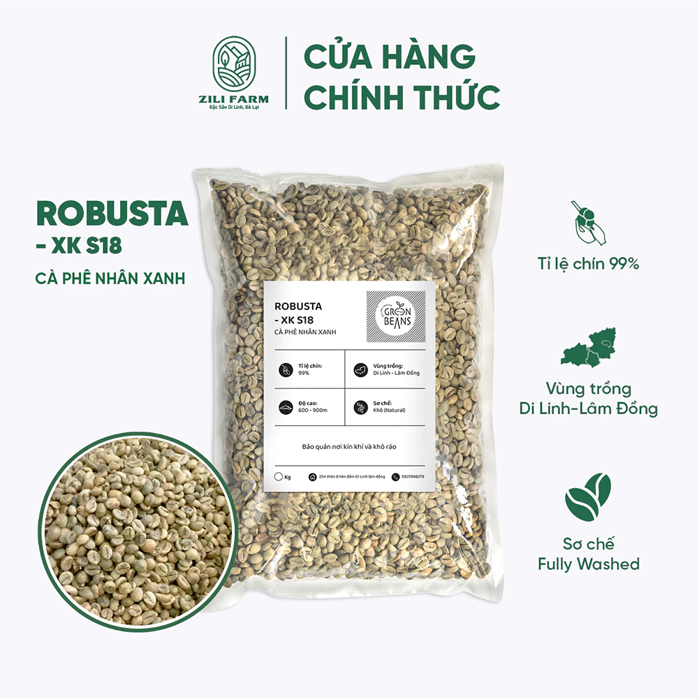 Cà Phê Nhân Xanh Robusta S18 chuẩn Xuất Khẩu ZILI FARM chưa rang xay nguyên chất sạch vỏ, đủ độ ẩm [Túi 1kg - 3kg - 5kg]