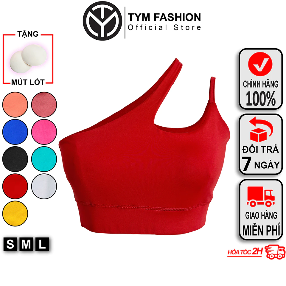 Áo Bra lệch vai 2 lớp tập Gym Yoga Pilates TYM AWT002 - vải thun Poly co dãn - tặng kèm mút lót