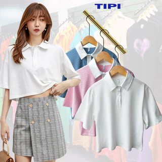 Áo croptop polo nữ tay ngắn kẻ sọc, chất vải 100% cotton, phong cách trẻ trung và thời trang cho mùa hè