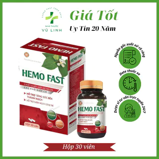 (Che Tên) HEMO FAST hỗ trợ tăng sức bền thành mạch, giảm nguy cơ giãn tĩnh mạch, giảm nguy cơ bị trĩ (Hộp 30 viên)