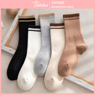 Tất vớ unisex nam nữ cổ cao chất cotton dày dặn họa tiết trơn phối viền cổ phong cách basic thời trang Hàn - Mã TV047