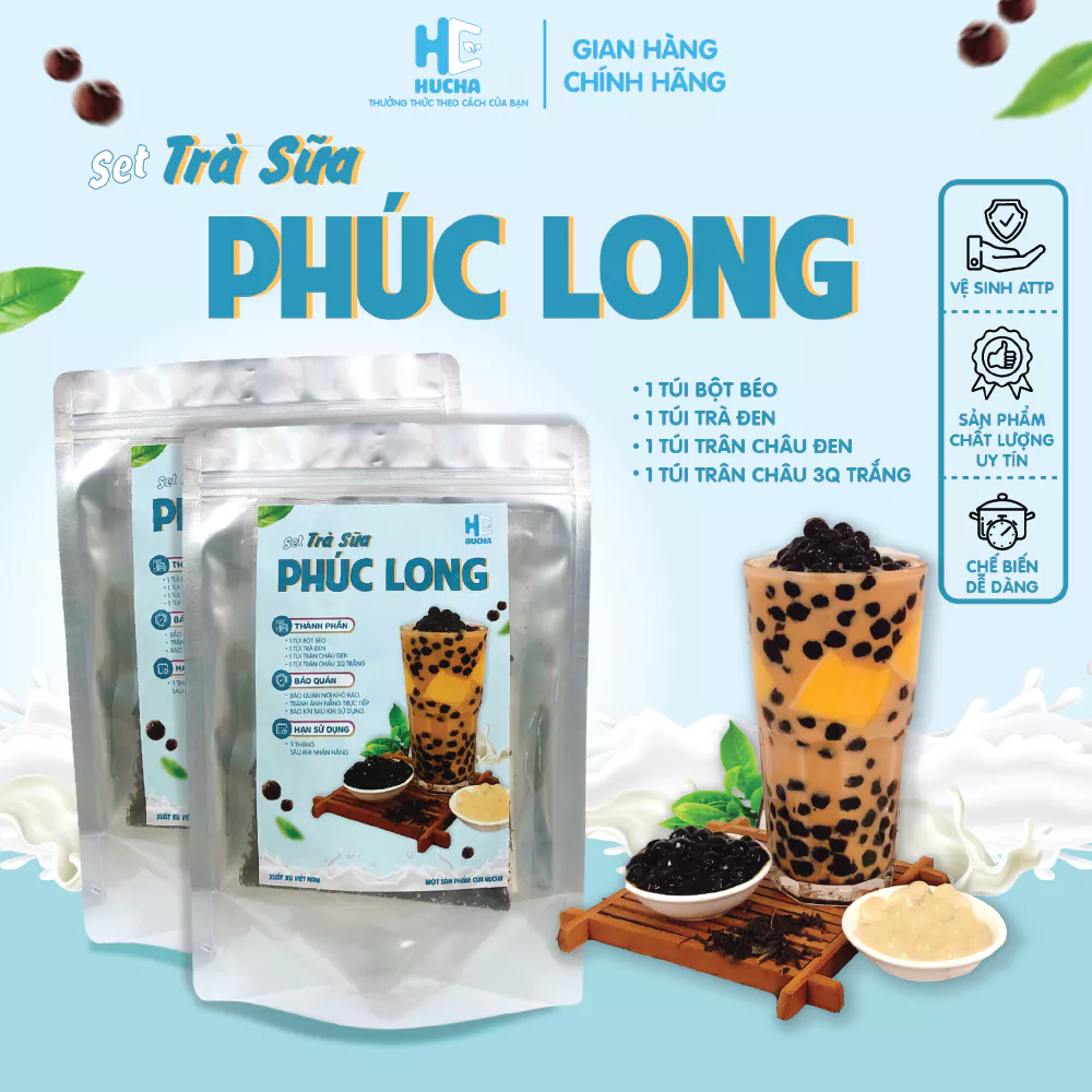 Sét trà sữa trân châu Phúc Long nấu tại nhà thơm ngon đậm vị 8-10 ly, set nguyên liệu Hucha