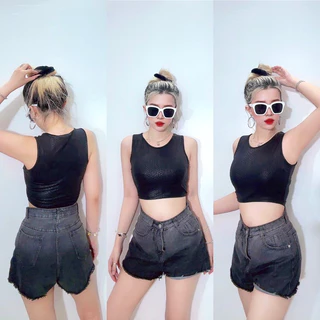 Áo croptop 3 lỗ thun ép da trăn đen