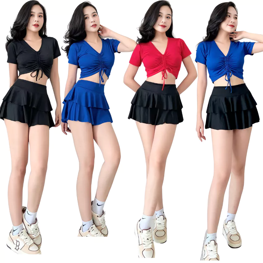 Bộ Váy 2 tầng  áo rút dây cao cấp dạng thể thao năng động đi bơi, tập Gym Yoga, chạy bộ Aerobic