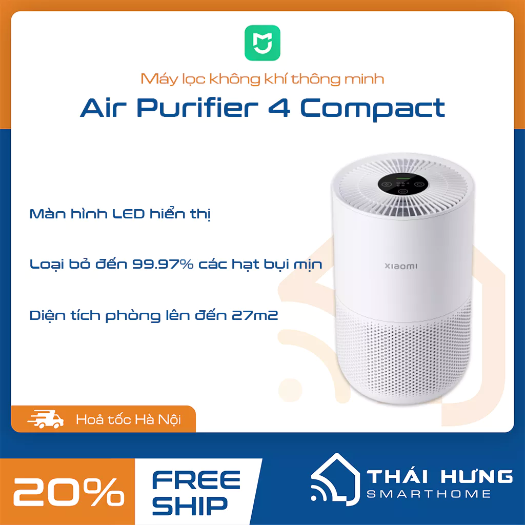 Máy lọc không khí Xiaomi Air Purifier 4 Compact, màn hình LED hiển thị, tương thích Google, Alexa