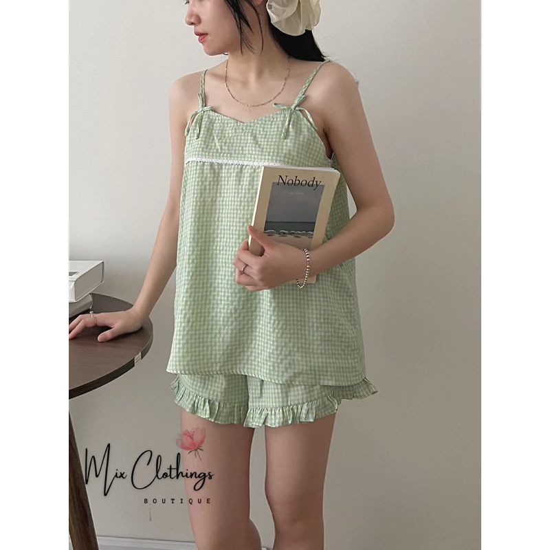 BỘ ĐỒ NGỦ, SET PIJAMA MẶC NHÀ #ĐÙI #CARO CUTE FORM RỘNG