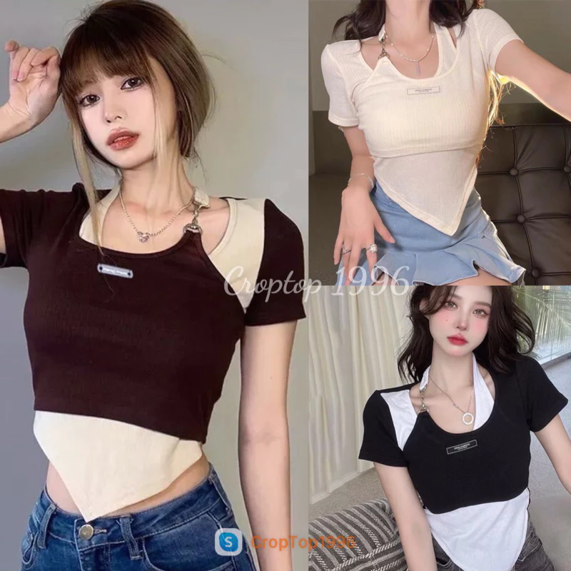 Áo kiểu CropTop phối màu LEN TĂM cổ xích sang chảnh A43