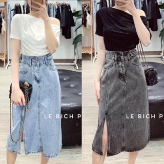 chân váy bò sẻ trước - Chân váy jeans lưng cao 2 khuy xẻ tà dáng dài